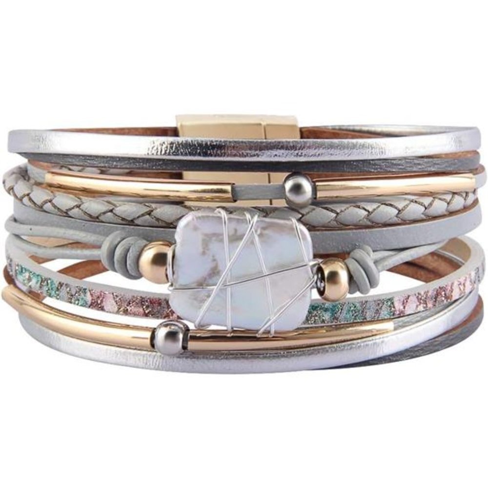 Leather Cuff Bracelet Baroque Pearl Wrap Bracelet Gorgeous Gold Tube Bangle